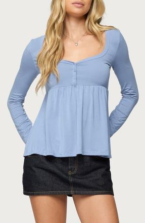 Edikted Lilla Henley Long Sleeve Babydoll Top in Blue at Nordstrom, Size X-Small