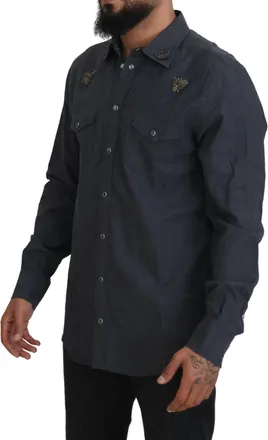 Dolce & Gabbana Blue Cotton Denim Crystal Bee Mens Shirt