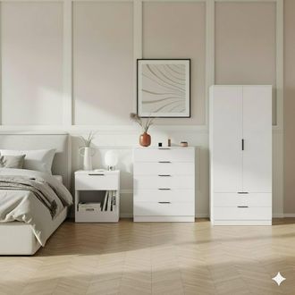 Home Discount Vida Designs Trega 3Pc Bedroom Set(1Dr Bedside, 5Dr Chest, Wardrobe) in White
