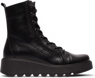 FLY London Fly London Womens Black Leather Lace-Up Wedge Heel Combat Boots - TERY554