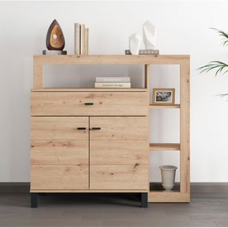 Dmora Aparador Ba&ntilde;os, Buffet Con Caj&oacute;n, 4 Estantes, Puerta Abatible, Deslizante, 106x35x101h Cm Roble Marr&oacute;n Nudos