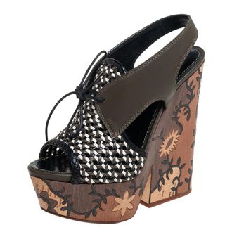 Sergio Rossi Multicolor Woven Leather And Leather Wedge Lace Up Sandals
