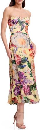 Dress The Population Prescott Floral Strapless Cocktail Midi Dress in Golden Floral Multi at Nordstrom, Size Xx-Large
