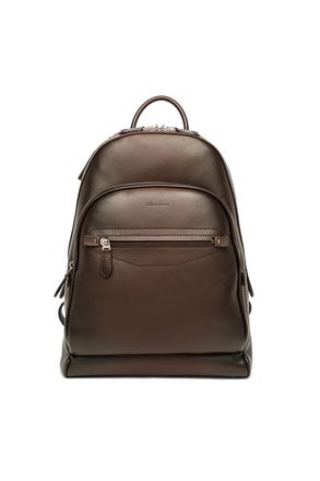 Santoni Artisanal Brown Leather Backpack with Dual Compartments