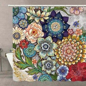 OEM Cortina De Ducha - Flores Multicolores - Arte Natural - 180 X 200 Cm - Lavable - Resistente Al Moho - Impermeable - Con 12 Anillas - Rojo Amarillo Azu