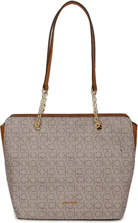 Calvin Klein Womens Hailey Signature Top Zip Chain Tote, Textured Almond/Taupe/Caramel Linear, One Size