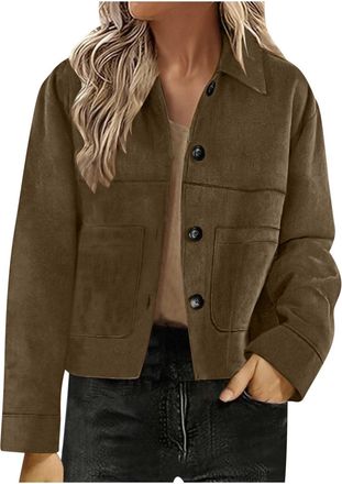 Generic Womens Faux Suede Bomber Jacket Spring Lapel Pilot Coat Oversized Long Sleeves Trendy Streetwear Outerwear Button Down Suede Jacket Casual Cropped Coa