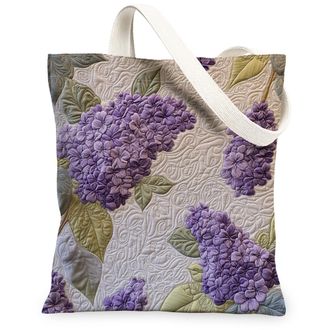 Generic Spring Quilted Lilac Flower Canvas Tote Bag for Shopping 13x15, Floral Wildflower Reusable Grocery Print Bag for Women, Fun Garden Beach Aesthetic Pai