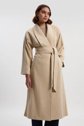 Karen Millen Womens Brushed Wool Belted Wrap Tailored Maxi Coat - Beige - Size 14 UK