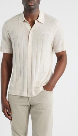 Nordstrom Textured Merino Wool & Silk Short Sleeve Button-Up Sweater in Beige Pumice at Nordstrom, Size Xx-Large