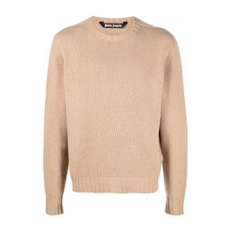 Palm Angels Round-neck Knitwear, male, Beige, Size: 2XL Curved Logo Crew Knit