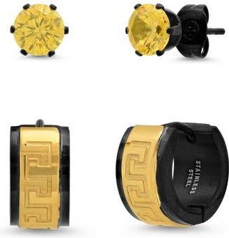 Steeltime Mens Two Tone Cubic Zirconia & Greek Key Stud & Hoop Earring Set in Gold at Nordstrom Rack