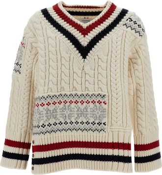 Thom Browne Patchwork Kabel Fair Isle V-hals Trui - Heren - Truien - Wit - Maat: S Wol