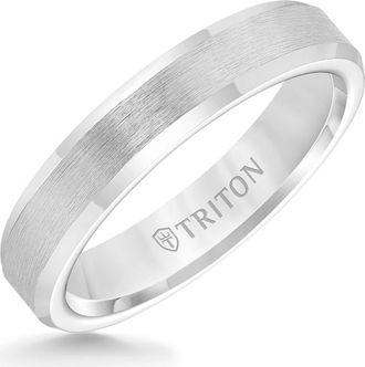 Triton 4MM Tungsten Carbide Ring with Brush Center Finish and Bevel Edge in Metallic Silver at Nordstrom, Size 10.5