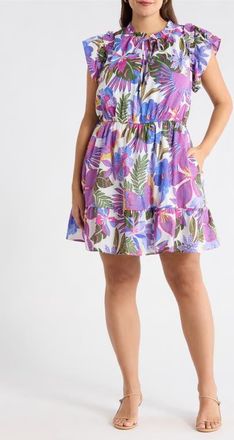 Sugarlips Evren Tropics Sardy Cotton Minidress in Blue-Pink at Nordstrom, Size 3X
