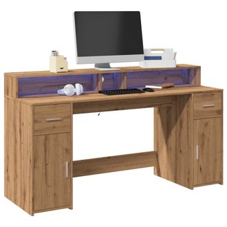Berkfield Home Desk with LED Lights Artisian Oak 160x55x91 cm Engineered Wood in Brown | Size: 160 x 55 x 91 cm