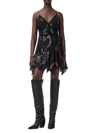 AllSaints Zia Lace Inset Handkerchief Hem Minidress in Flight Black at Nordstrom, Size 10 Us