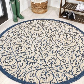 Jonathan Y Designs Madrid Vintage Filigree Textured Weave Indoor/Outdoor Round Area Rug in Navy/beige at Nordstrom, Size 5Ft 0In X 5Ft 0In