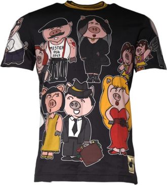 Dolce & Gabbana Zwarte Katoenen Crew Neck T-shirt - Heren - T-shirts - Veelkleurig - L - Katoen - Tops