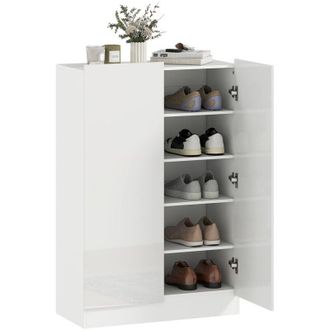 HOMCOM Homcom Zapatero De 2 Puertas Con Cierre Suave, Con Estantes Ajustables, Agujeros, Para 20 Pares De Zapatos, 72x34,5x103 Cm, Blanco Brillo
