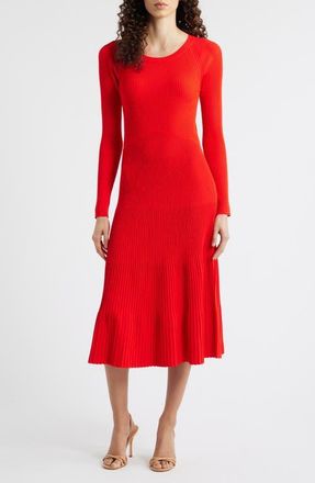 Elie Tahari The Delaney Long Sleeve Rib Sweater Dress in Red Bliss at Nordstrom, Size Small