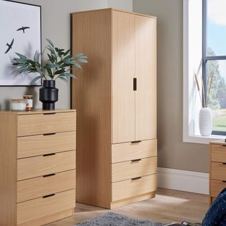 Home Source Industries Phoenix Wardrobe 2 Door 3 Drawer Bedroom Clothing Storage Inner Shelf in Light Oak