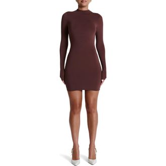 Naked Wardrobe Long Sleeve Mock Neck Minidress in Chocolate at Nordstrom, Size Small