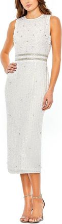 Mac Duggal Sleeveless High Neck Beaded Midi Sheath Dress