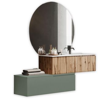 Aquadesign Mueble de ba&ntilde;o ba&ntilde;era derecha 4 piezas en mdf roble/verde salvia
