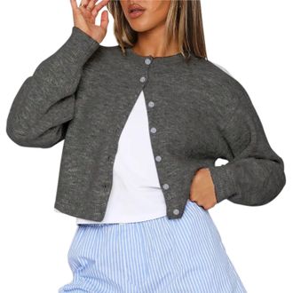 Generic Cropped Cardigan Sweater for Women Crew Neck Long Sleeve Button Up Sweaters 2025 Lightweight Knit Trendy Top Dark Grey