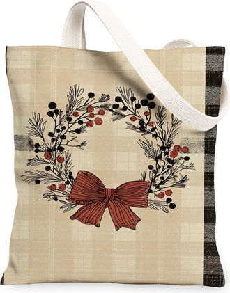 Generic Holiday Wreath Canvas Tote Bags, Floral Pattern Reusable Grocery Bags, Vintage Linen Lightweight Washable Shoulder Strap Fo, Beige, 13x15 Inch