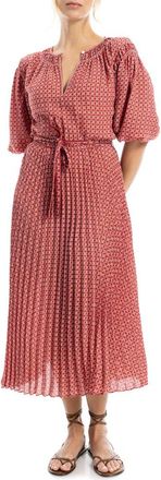 Max Studio Floral Pleated Crepe Midi Dress in Scarlet/Navy Jack Stamp Panel at Nordstrom Rack, Size X-Large