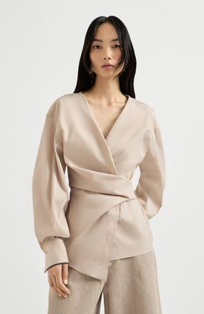 Brunello Cucinelli Stretch poplin shirt with monili in Beige at Nordstrom, Size Xx-Small Eu