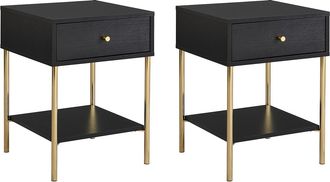 Pascal Morabito Conjunto de 2 mesitas de noche con 1 caj&oacute;n - MDF y metal - Negro y dorado - MILAVIA de Pascal Morabito