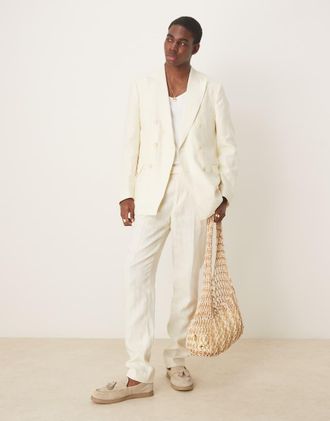 Mango Pantaloni da abito slim in lino écru in coordinato-Neutro