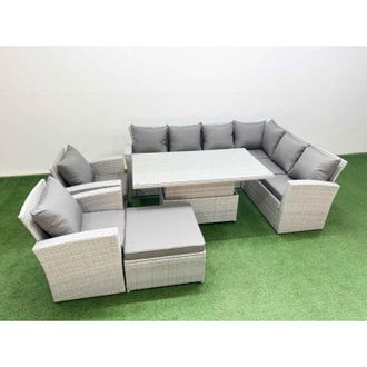Fimous 9 Seat Rattan Garden Furniture Corner Sofa Set Outdoor Adjustable Lifting Dining or Coffee Table Set with Big Footstool Dark Grey Mixed - Fimous