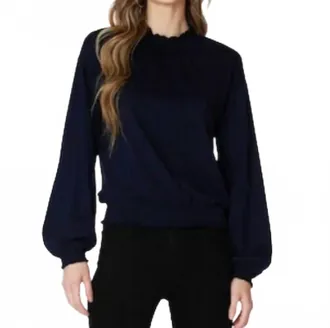 bobi Smocked Shirred Turtleneck Long Sleeve Tee In Dark Navy