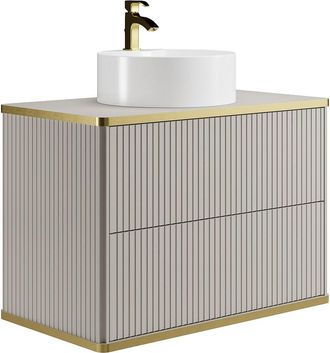 Vente-Unique Mueble de baño suspendido estriado con ribete dorado y lavabo redondo para colocar - Beige - 80 cm - KELIZA