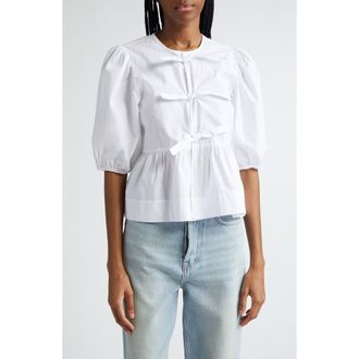 Ganni Puff Sleeve Organic Cotton Poplin Peplum Blouse in Bright White at Nordstrom, Size 4 Us