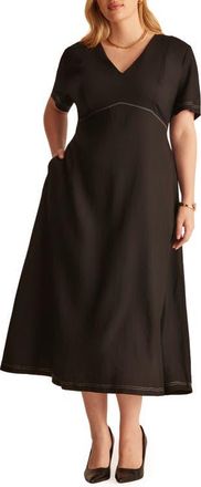 Estelle Alena Linen Blend Midi Dress in Black at Nordstrom, Size 16W