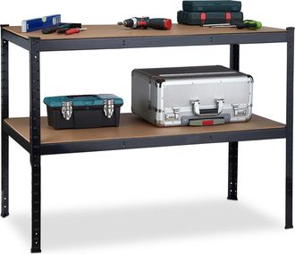 Relaxdays Relaxdays - Banco De Trabajo, 2 Niveles, Altura Ajustable, Montaje Por Encajado, Taller, Acero, Mdf, 90x120x60 Cm, Negro