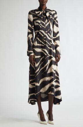 St. John Zebra Print Long Sleeve Pussy Bow Maxi Dress in Pink Blush/Black Multi at Nordstrom, Size 14