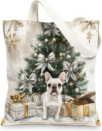 Generic Retro Christmas French Bulldog Dog Canvas Tote Bag for Shopping 13x15, Winter Xmas Tree Puppy Reusable Grocery Print Pattern Bag for Women, Pet Beach 