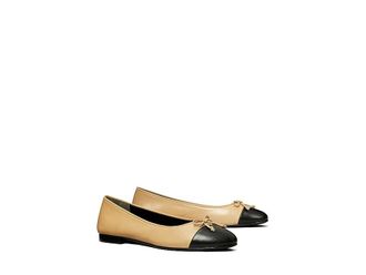 Tory Burch Cap-Toe Ballet Womens Shoes Ginger Shortbread/Perfect Black : 5.5 M, Leather