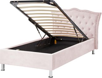 Beliani Beliani - Cama Con Almacenaje De Terciopelo Rosa Pastel Plateado 90 X 200 Cm Botones Metz