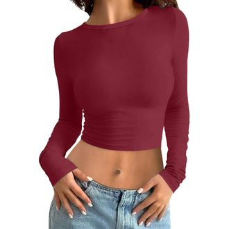 Generic 2025 Womens Long Sleeve Slim Fit Crew Neck Long Sleeve T Shirt Tops Tops Basic Crop Top Casual Aesthetic Clothes Streetwear Clean Girl Clothes (Red, S