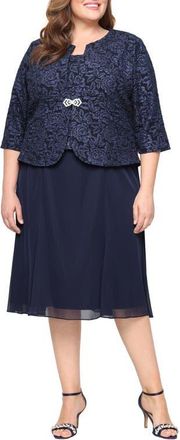 Alex Evenings Jacquard Cocktail Dress with Jacket in Navy at Nordstrom, Size 14W