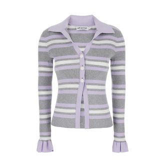 Self Portrait Cardigans, female, Gray, Size: L Grey Stripe Rib Knit Top