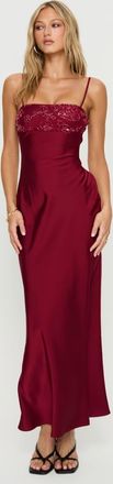 Princess Polly Engracia vestito lungo in raso con dettagli di paillettes e perline, scollo quadrato, bordeaux-Rosso
