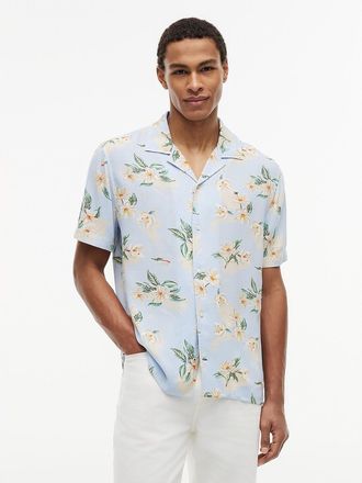 Tommy Hilfiger Mens Regular Fit Floral Linen-Blend Camp Shirt - Blue - XXL